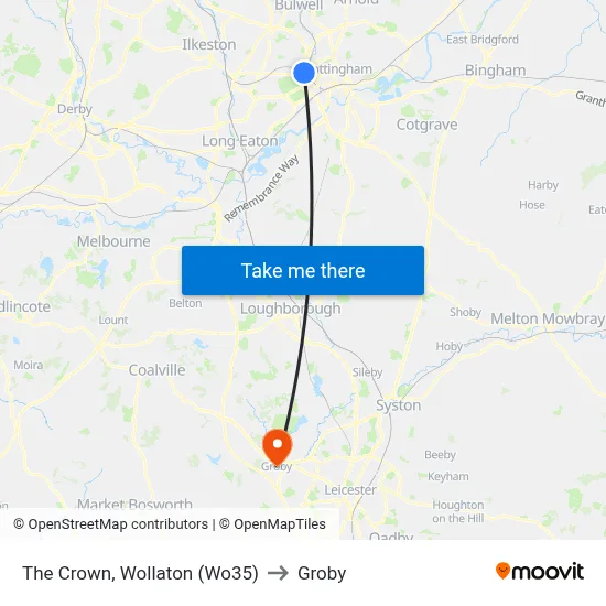 The Crown, Wollaton (Wo35) to Groby map