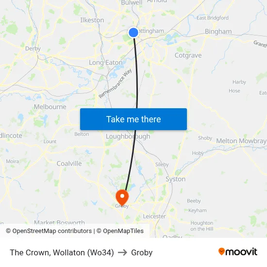 The Crown, Wollaton (Wo34) to Groby map