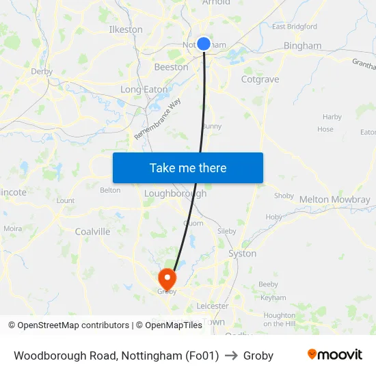 Woodborough Road, Nottingham (Fo01) to Groby map