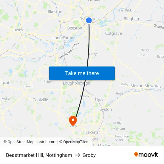 Beastmarket Hill, Nottingham to Groby map