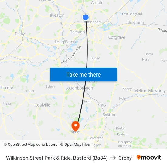 Wilkinson Street Park & Ride, Basford (Ba84) to Groby map