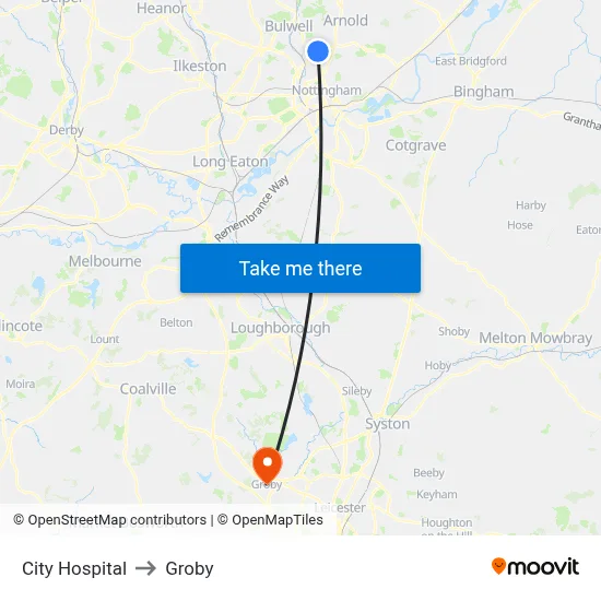 City Hospital to Groby map