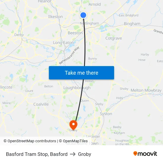 Basford Tram Stop, Basford to Groby map