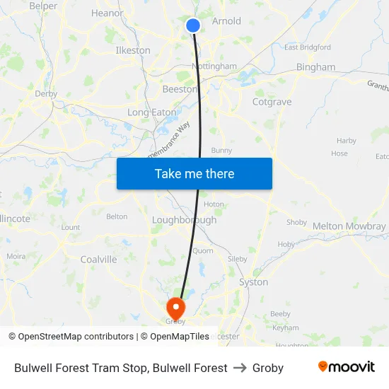 Bulwell Forest Tram Stop, Bulwell Forest to Groby map