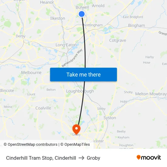 Cinderhill Tram Stop, Cinderhill to Groby map