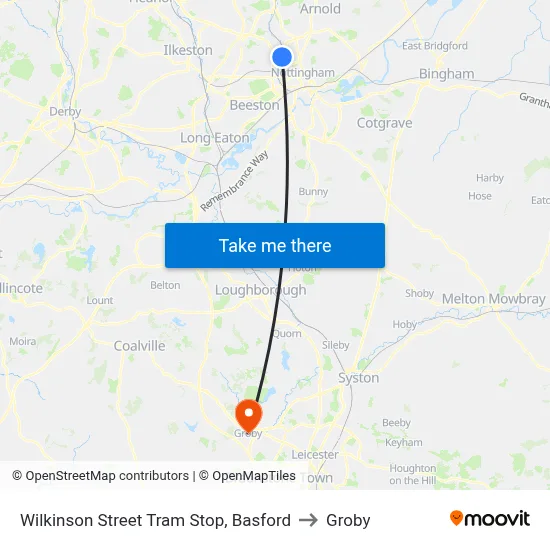 Wilkinson Street Tram Stop, Basford to Groby map