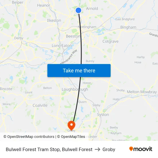Bulwell Forest Tram Stop, Bulwell Forest to Groby map