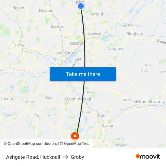 Ashgate Road, Hucknall to Groby map