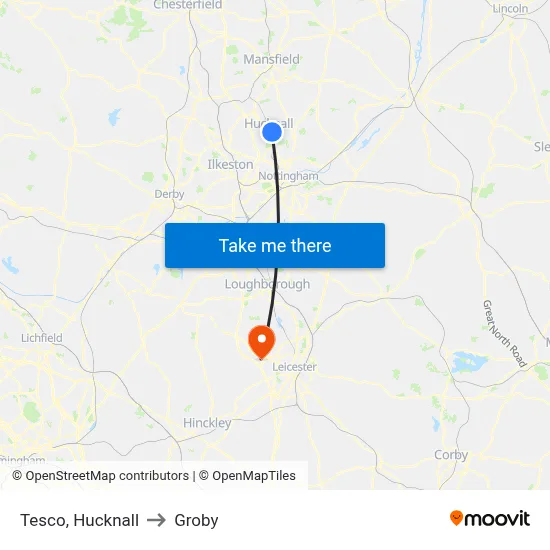Tesco, Hucknall to Groby map