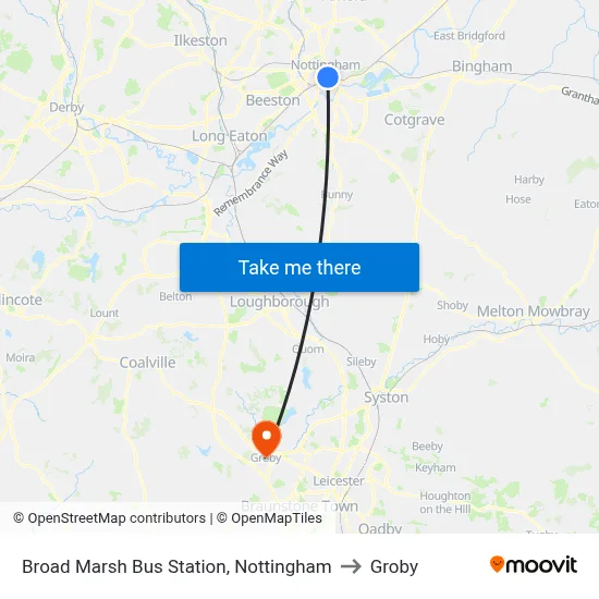 Broad Marsh Bus Station, Nottingham to Groby map