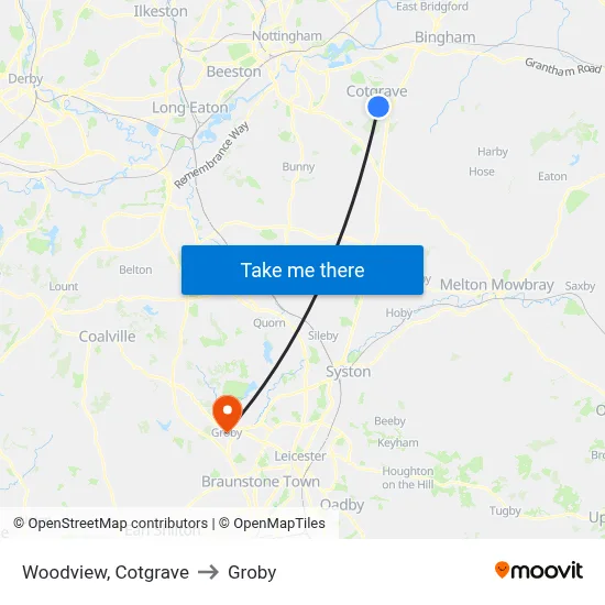 Woodview, Cotgrave to Groby map