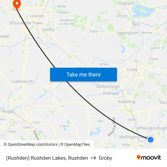 (Rushden) Rushden Lakes, Rushden to Groby map