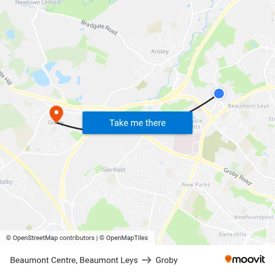 Beaumont Centre, Beaumont Leys to Groby map