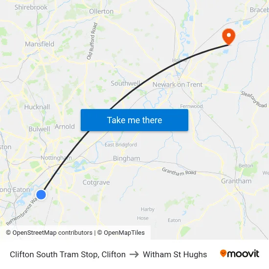 Clifton South Tram Stop, Clifton to Witham St Hughs map