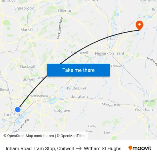 Inham Road Tram Stop, Chilwell to Witham St Hughs map