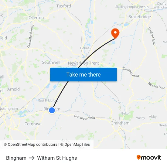 Bingham to Witham St Hughs map