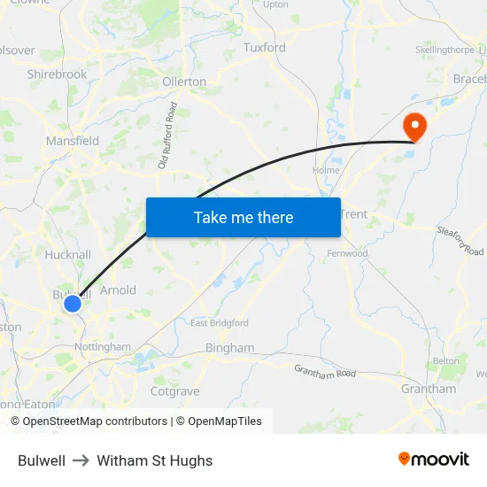 Bulwell to Witham St Hughs map