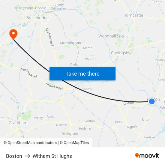 Boston to Witham St Hughs map