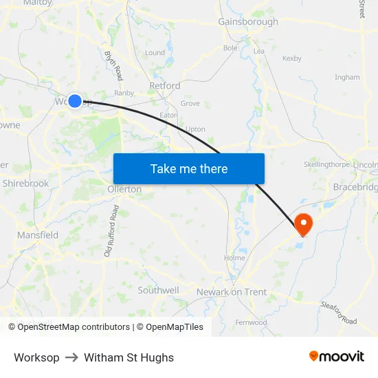 Worksop to Witham St Hughs map