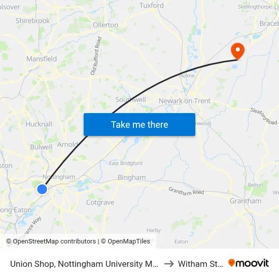 Union Shop, Nottingham University Main Campus (Un32) to Witham St Hughs map