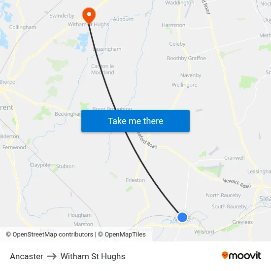 Ancaster to Witham St Hughs map