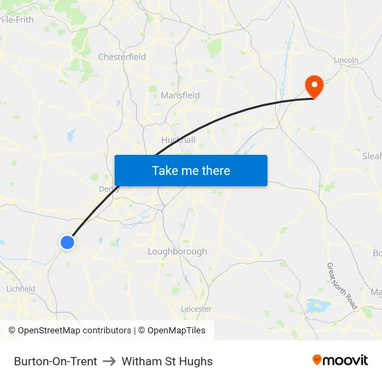 Burton-On-Trent to Witham St Hughs map