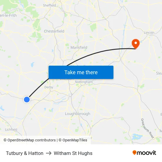 Tutbury & Hatton to Witham St Hughs map