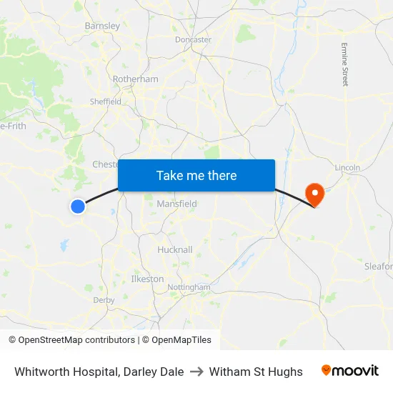 Whitworth Hospital, Darley Dale to Witham St Hughs map
