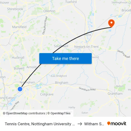 Tennis Centre, Nottingham University Main Campus (Un03) to Witham St Hughs map