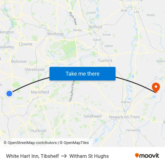 White Hart Inn, Tibshelf to Witham St Hughs map
