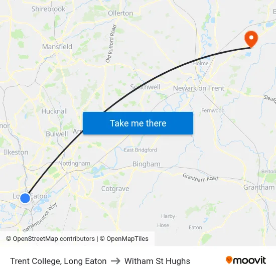 Trent College, Long Eaton to Witham St Hughs map