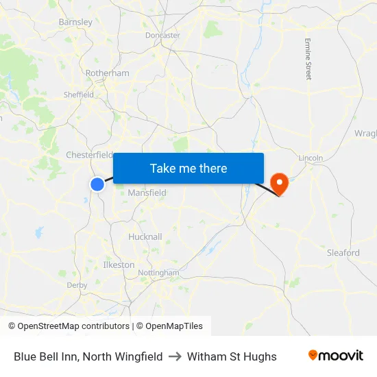 Blue Bell Inn, North Wingfield to Witham St Hughs map