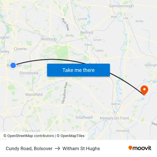 Cundy Road, Bolsover to Witham St Hughs map