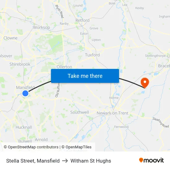 Stella Street, Mansfield to Witham St Hughs map