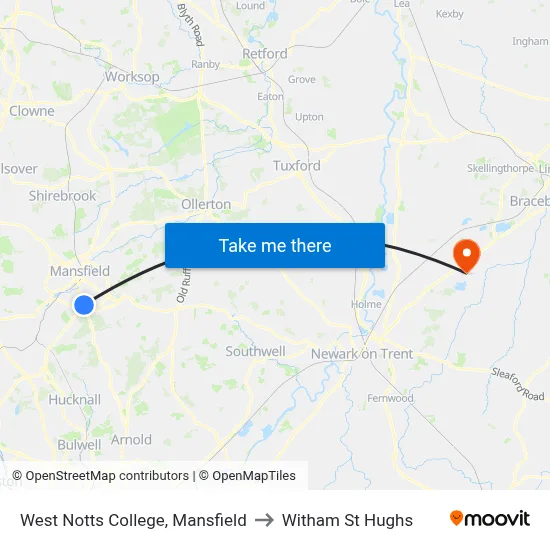 West Notts College, Mansfield to Witham St Hughs map