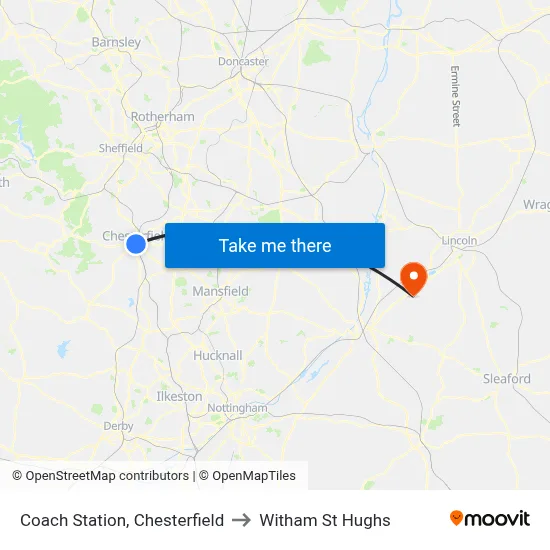 Coach Station, Chesterfield to Witham St Hughs map