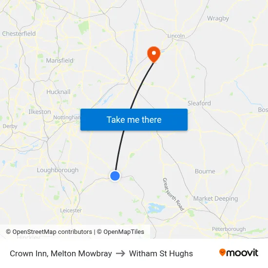 Crown Inn, Melton Mowbray to Witham St Hughs map