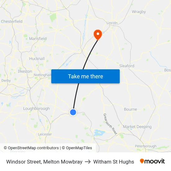 Windsor Street, Melton Mowbray to Witham St Hughs map