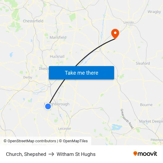 Church, Shepshed to Witham St Hughs map