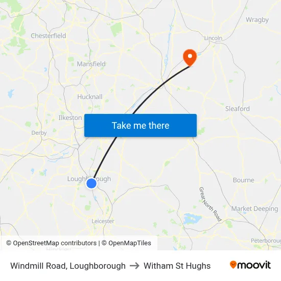 Windmill Road, Loughborough to Witham St Hughs map