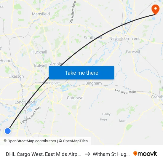 DHL Cargo West, East Mids Airport to Witham St Hughs map
