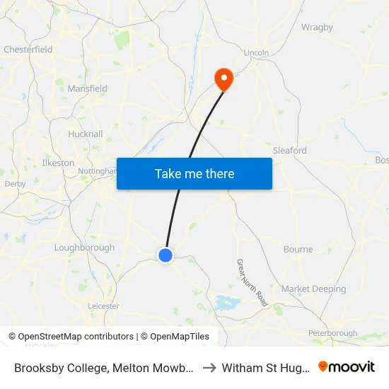 Brooksby College, Melton Mowbray to Witham St Hughs map