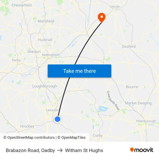 Brabazon Road, Oadby to Witham St Hughs map