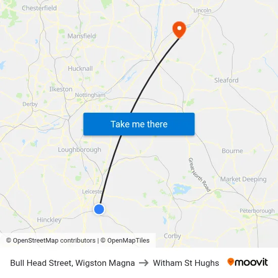 Bull Head Street, Wigston Magna to Witham St Hughs map