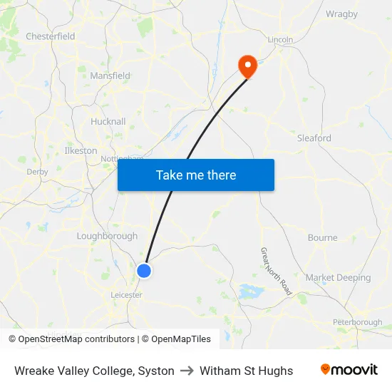 Wreake Valley College, Syston to Witham St Hughs map