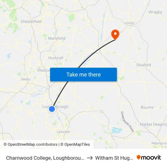 Charnwood College, Loughborough to Witham St Hughs map
