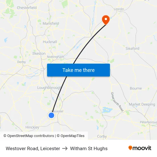 Westover Road, Leicester to Witham St Hughs map