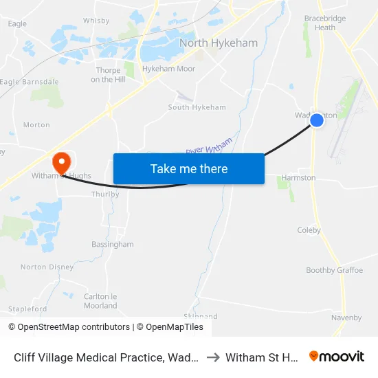 Cliff Village Medical Practice, Waddington to Witham St Hughs map