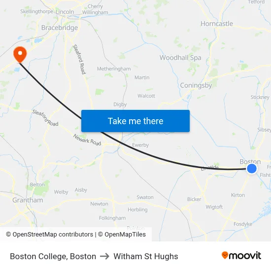 Boston College, Boston to Witham St Hughs map