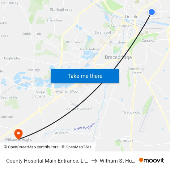County Hospital Main Entrance, Lincoln to Witham St Hughs map